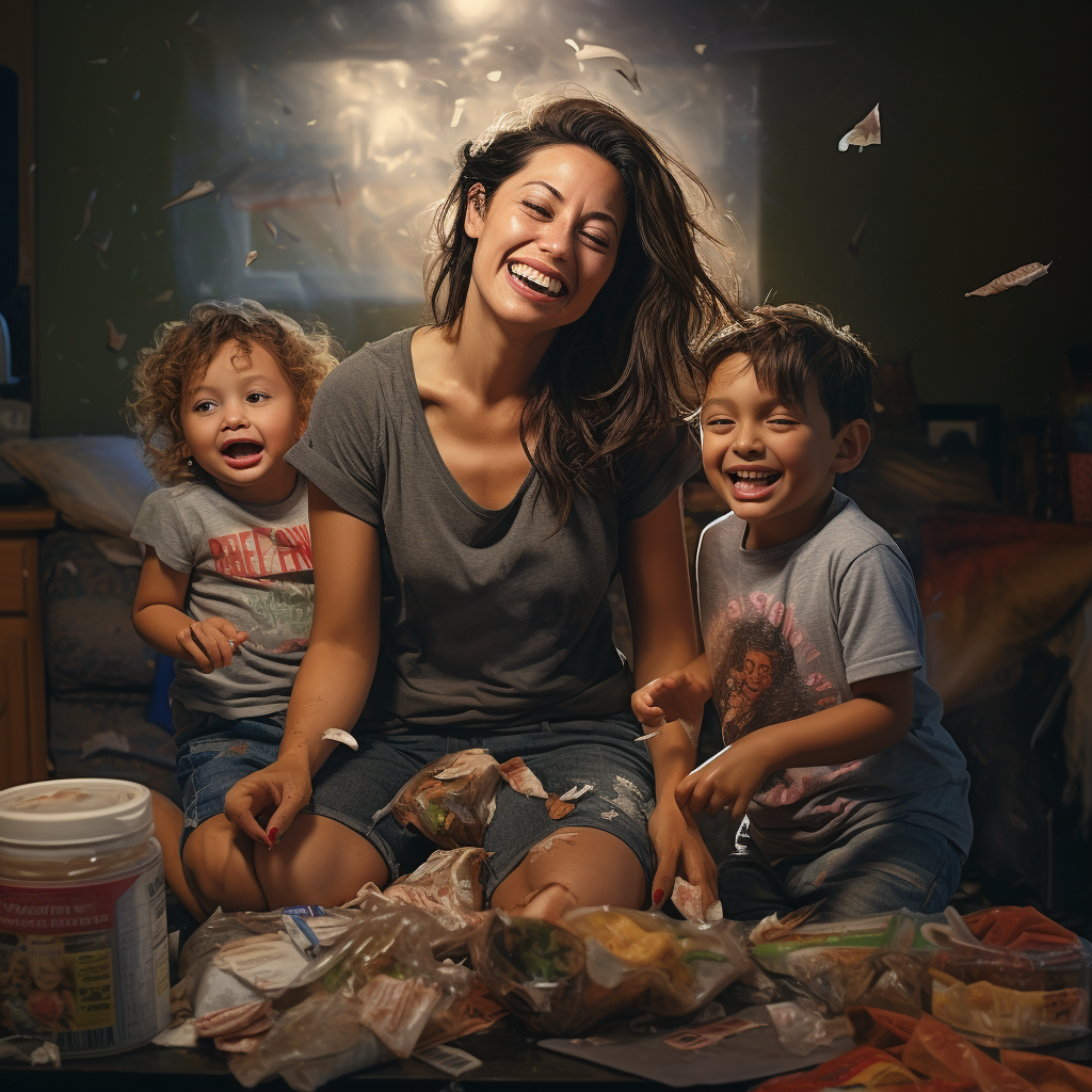 Mother laughing with kids during a messy craft—joyful, real-life moment